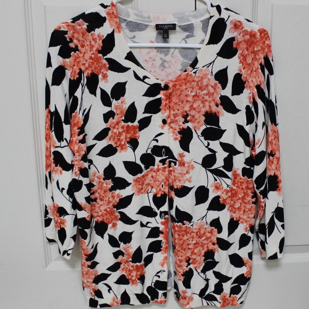 Talbots White Cardigan with Coral Floral and Black Leaves